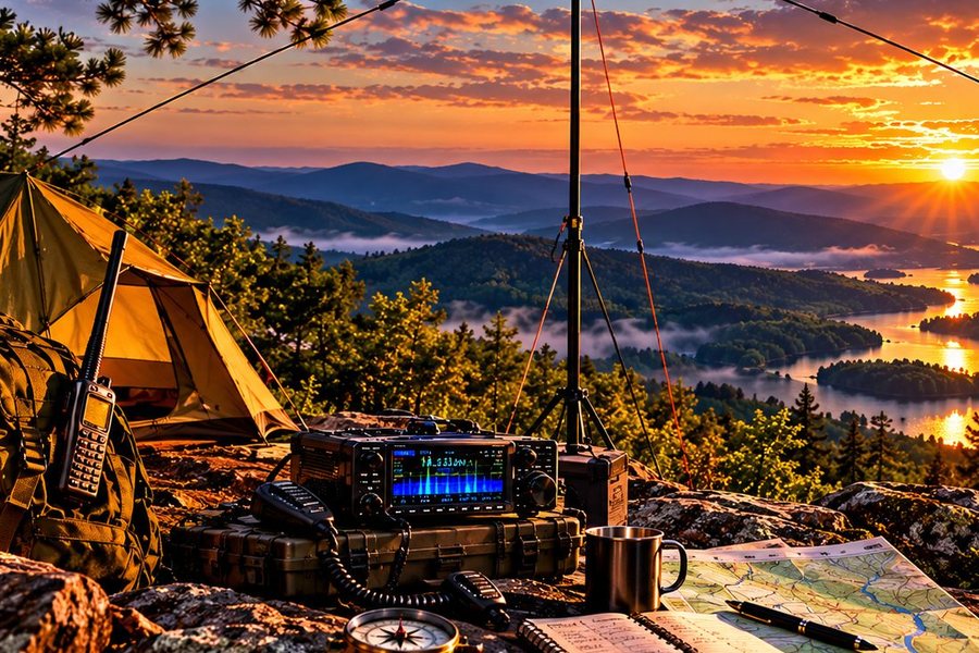Portable ham station with a tripod mast antenna on a ridge above a Kentucky lake at sunset