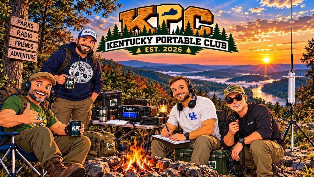 The KPC founders around a campfire with their radios
