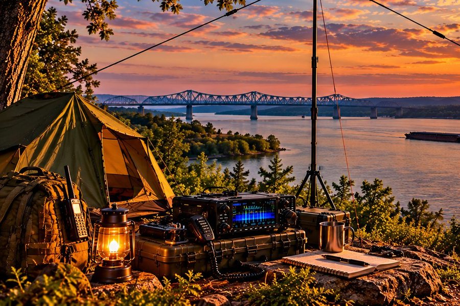Portable radio, lantern and battery box set up by the river at sunset