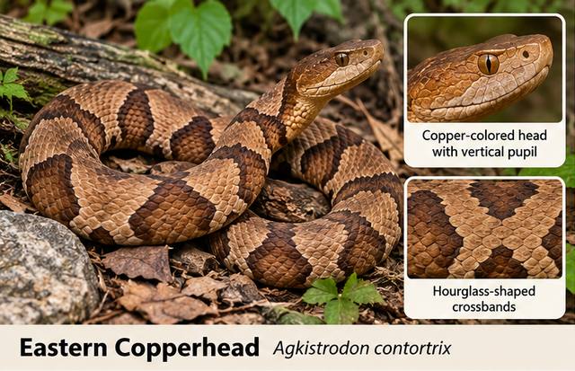 Eastern Copperhead (Agkistrodon contortrix): copper-colored head with vertical pupil; hourglass-shaped crossbands.