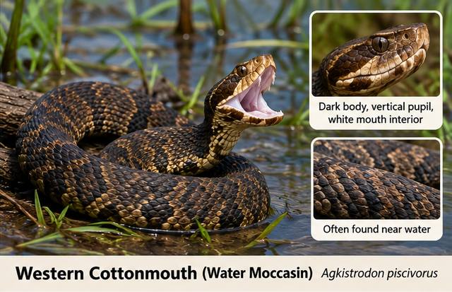 Western Cottonmouth or Water Moccasin (Agkistrodon piscivorus): dark body, vertical pupil, white mouth interior; often found near water.
