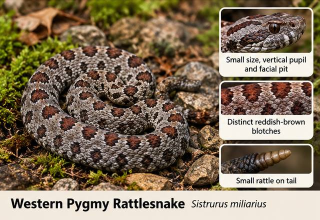 Western Pygmy Rattlesnake (Sistrurus miliarius): small size, vertical pupil and facial pit; distinct reddish-brown blotches; small rattle on tail.