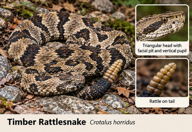 Timber Rattlesnake (Crotalus horridus): triangular head with facial pit and vertical pupil; rattle on tail.